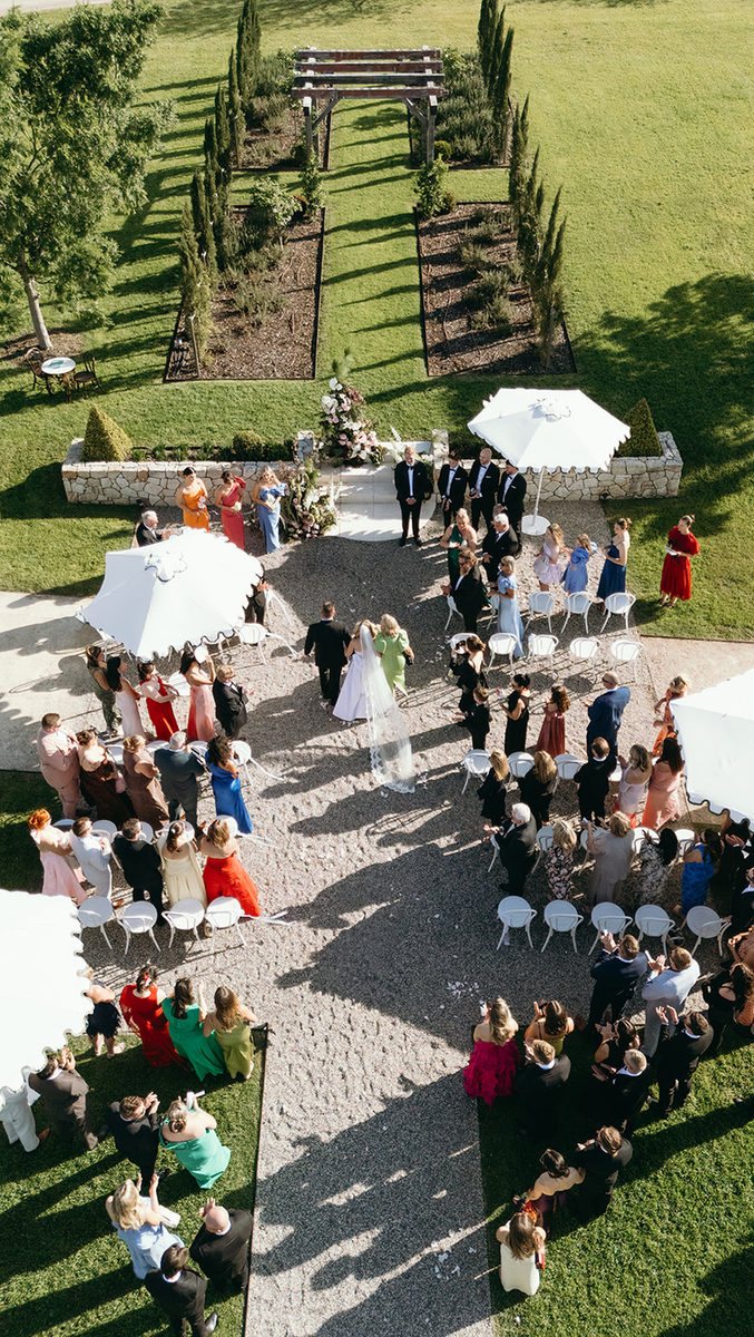A ceremony from straight above, white umbrellas and the rotunda