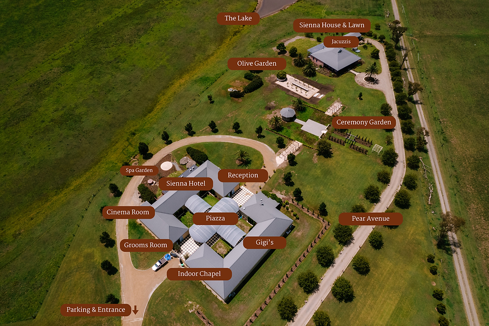 The Sienna map: an aerial of the estate with every space labelled, from the lake and the Sienna House to Gigi’s and the Indoor Chapel