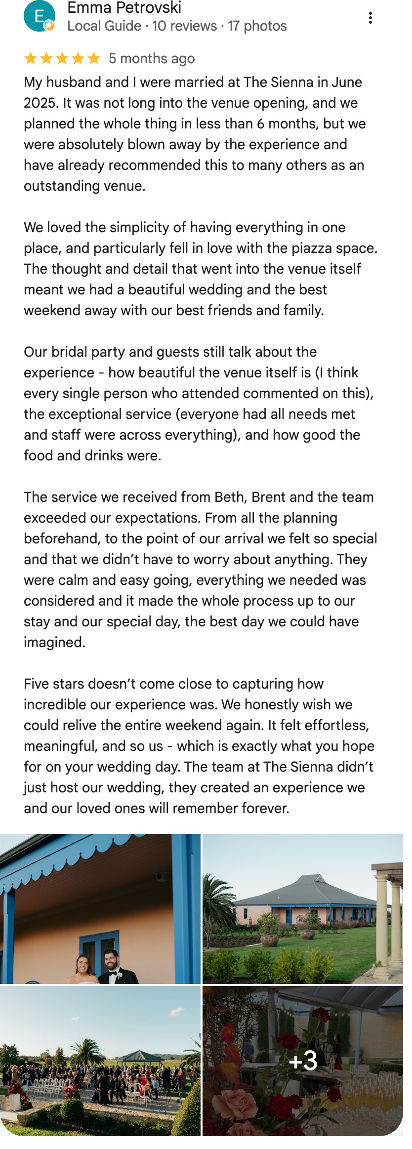 Five-star Google review from Emma Petrovski