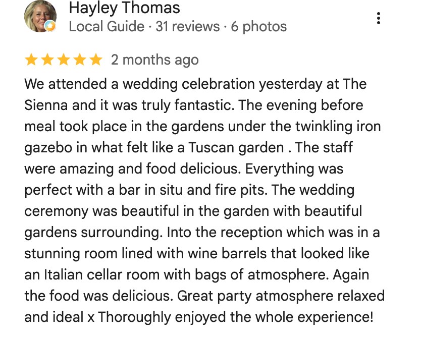 Five-star Google review from Hayley Thomas