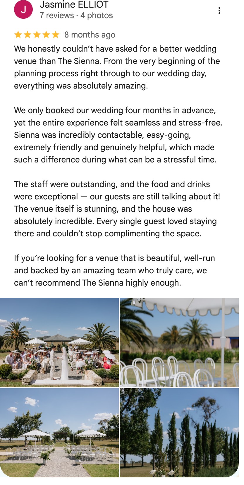 Five-star Google review from Jasmine Elliot